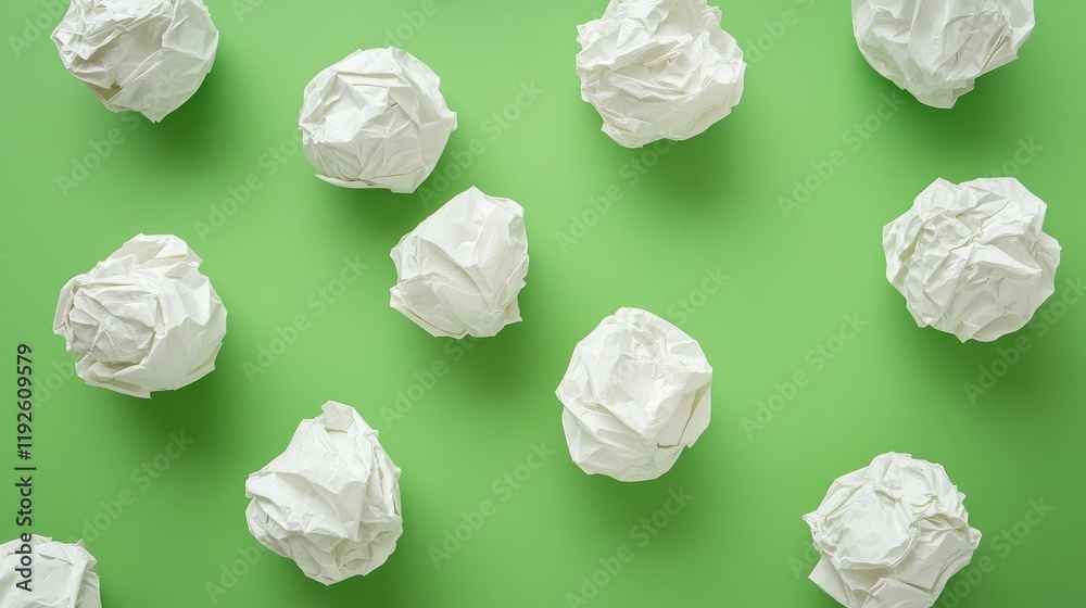 Poster Crumpled white paper balls scattered on vibrant green surface creating a striking contrast for creative background or texture design.