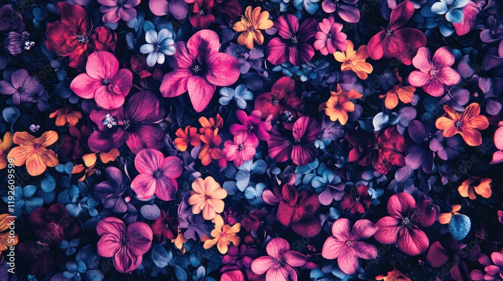 Aufkleber Vibrant floral pattern design with assorted bright flowers on a dark abstract background showcasing rich colors and textures
