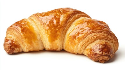Golden flaky croissant perfect for breakfast with jam and butter served on a white table setting