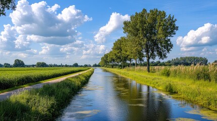 Serene summer canal winding through lush rural landscape with trees and vibrant blue sky reflected in calm waters