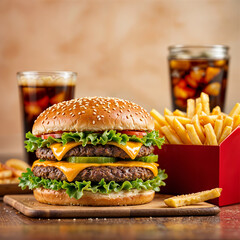 Delicious Burger and Fries Served with Icy Cola in Studio Setting