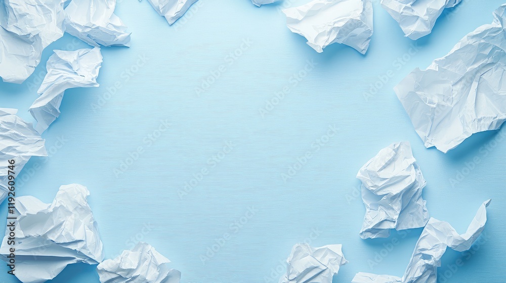 Poster crumpled white paper surrounded by soft blue background ideal for creative banners and graphic desig