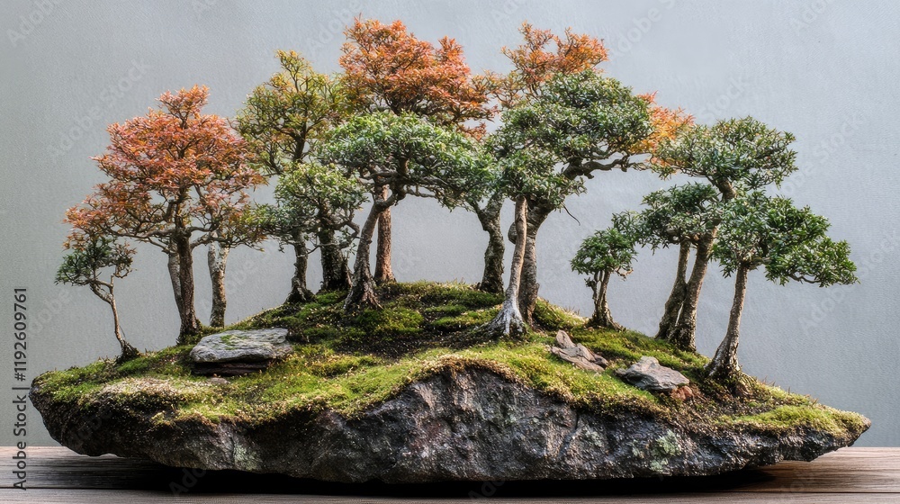 Poster bonsai tree arrangement on rocky base in tranquil setting with autumn colors