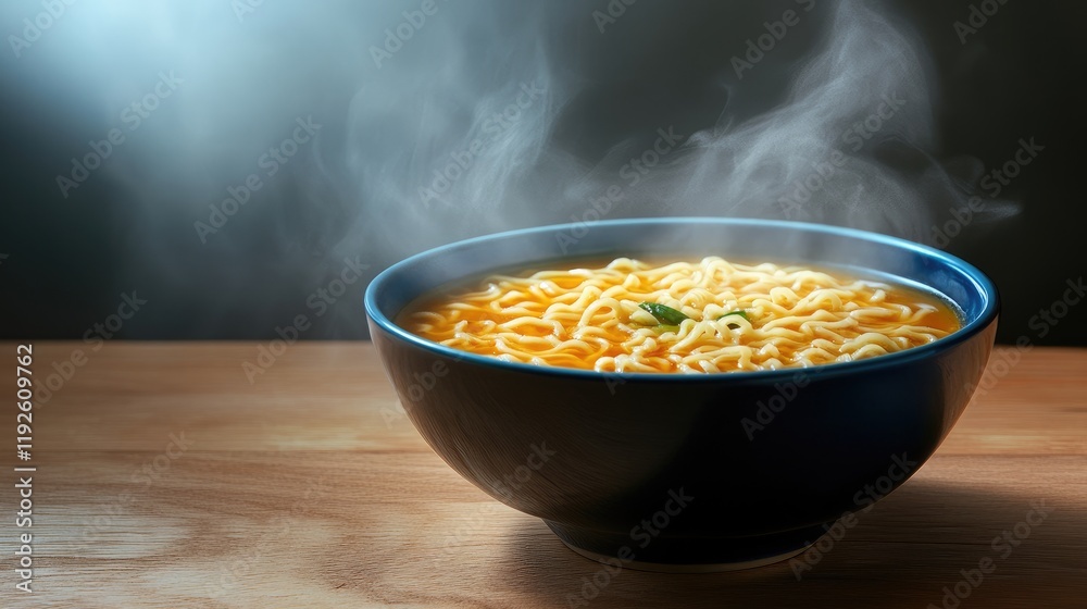 Poster steaming bowl of delicious noodle soup on a rustic wooden table with aromatic steam rising