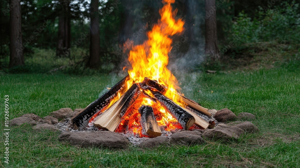 Poster campfire in a serene forest setting with vibrant flames and surrounding greenery on a tranquil summe