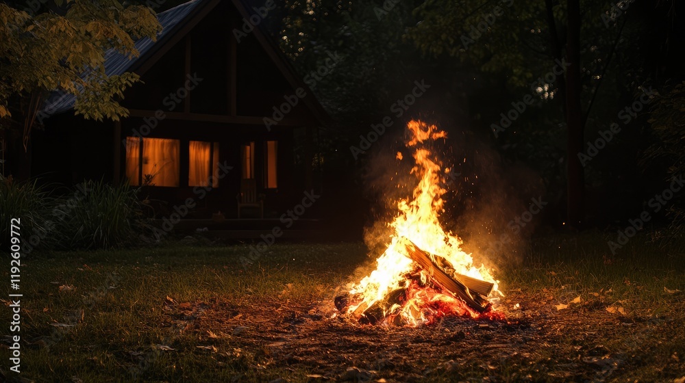 Poster cozy bonfire illuminating the night in front of a rustic house surrounded by nature and trees creati