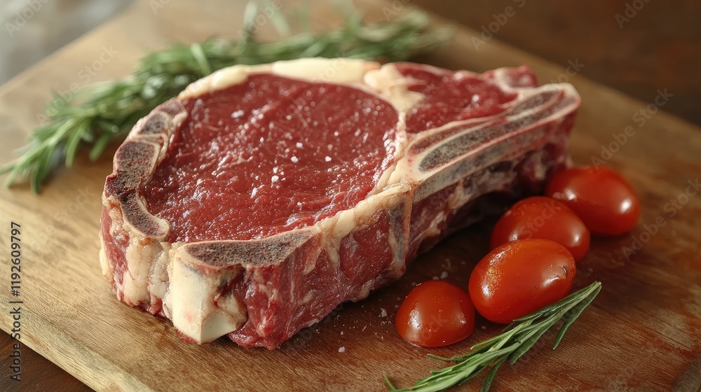 Poster fresh bone-in steak with cherry tomatoes and rosemary on a rustic wooden cutting board for culinary 