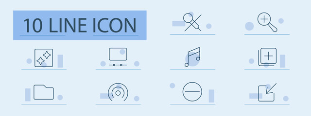 Multimedia tools set icon. Sparkles, video, music, folder, zoom, elements, plus, interface, file, playback