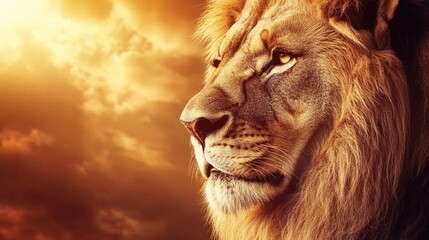 Majestic lion close-up portrait with intense expression against a dramatic sunset sky showcasing powerful wildlife beauty and emotion