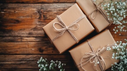 Fototapeta premium Cardboard Boxes Wrapped with Twine on Rustic Wooden Surface Ideal for Shipping and Mailing Purposes