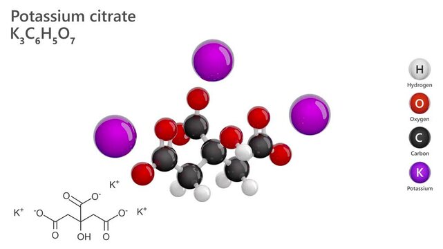 Potassium Citrate. E332. Animated 3D model of a molecule. Molecular formula: C6H5K3O7. Chemical model: Ball and stick. White background. 3D rendering. Seamless loop.