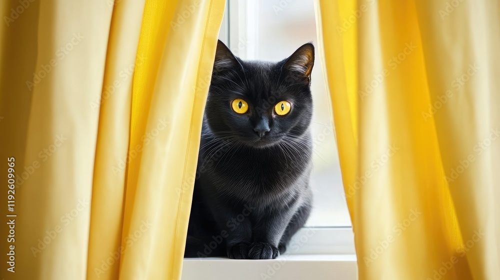 Poster Black cat resting on a windowsill through yellow curtains creating a cozy indoor atmosphere with ample copy space for text or messages
