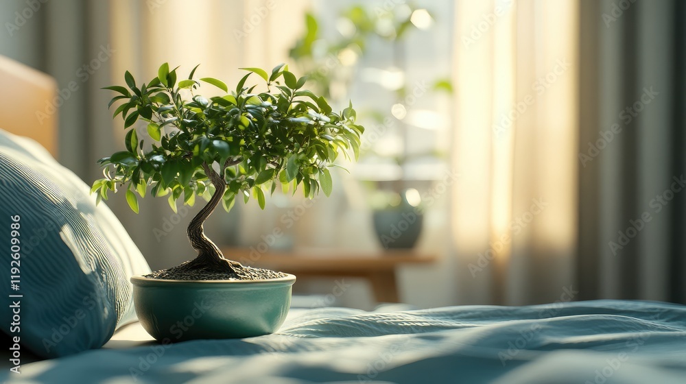 Poster bonsai tree on bedside table in serene bedroom setting with natural light and soft linens creating a