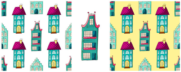 Houses. Set city seamless patterns. Pattern in hand draw style