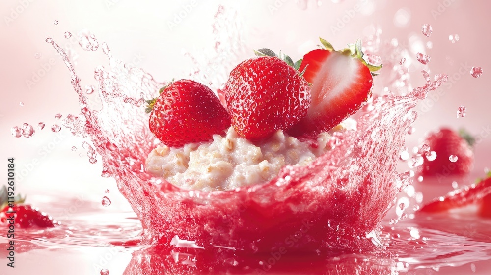 Poster bowl of creamy oatmeal garnished with vibrant strawberries splashing in fresh juice on a dynamic pin
