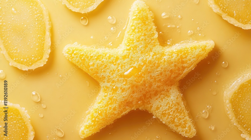 Poster star-shaped sponge on a yellow background surrounded by lemon slices, displaying a vibrant and refre
