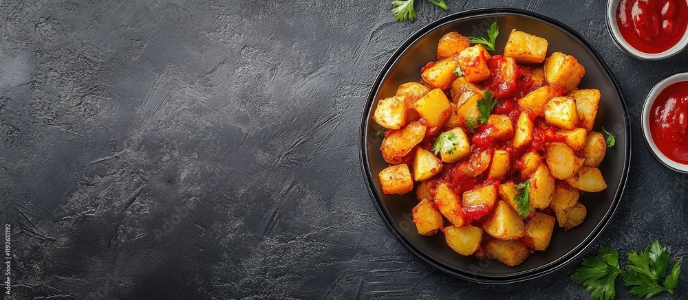 Poster spicy potatoes served in a bowl with sauces on the side and space for text in a vibrant street food 
