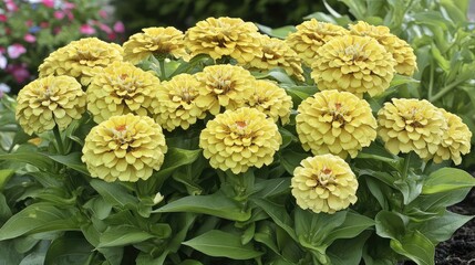 Vibrant yellow zinnia flowers blooming in a lush garden surrounded by green foliage and colorful blossoms.