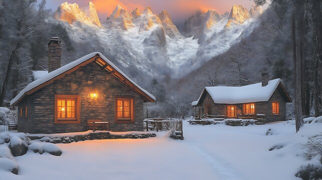 Cozy Stone Cabins nestled in a snowy mountain landscape