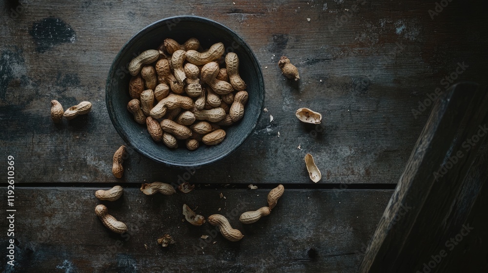 Aufkleber Bowl of roasted peanuts on rustic wooden table with scattered empty shells and whole peanuts creating a cozy nostalgic atmosphere