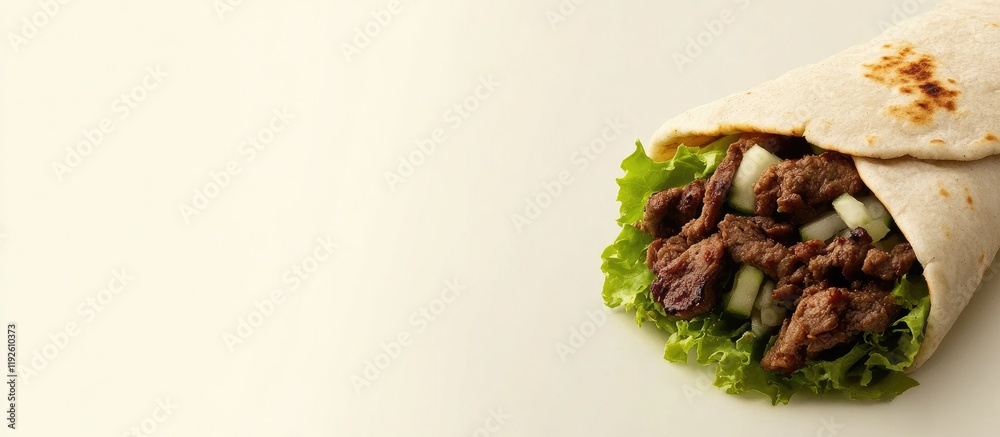 Poster Savory shawarma wrapped in pita with fresh lettuce and plenty of negative space for customizable text or branding options