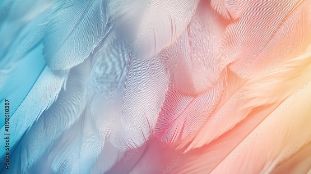Poster delicate colorful feather texture macro shot in soft natural light with gentle angelic wing aestheti
