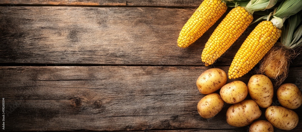 Poster Corn and potatoes arranged on a rustic wooden table with ample empty space for creative text or branding applications.