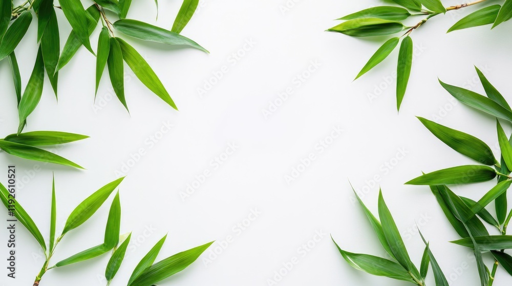 Poster Bamboo leaves arranged elegantly on a white background creating a serene and natural frame for various design applications