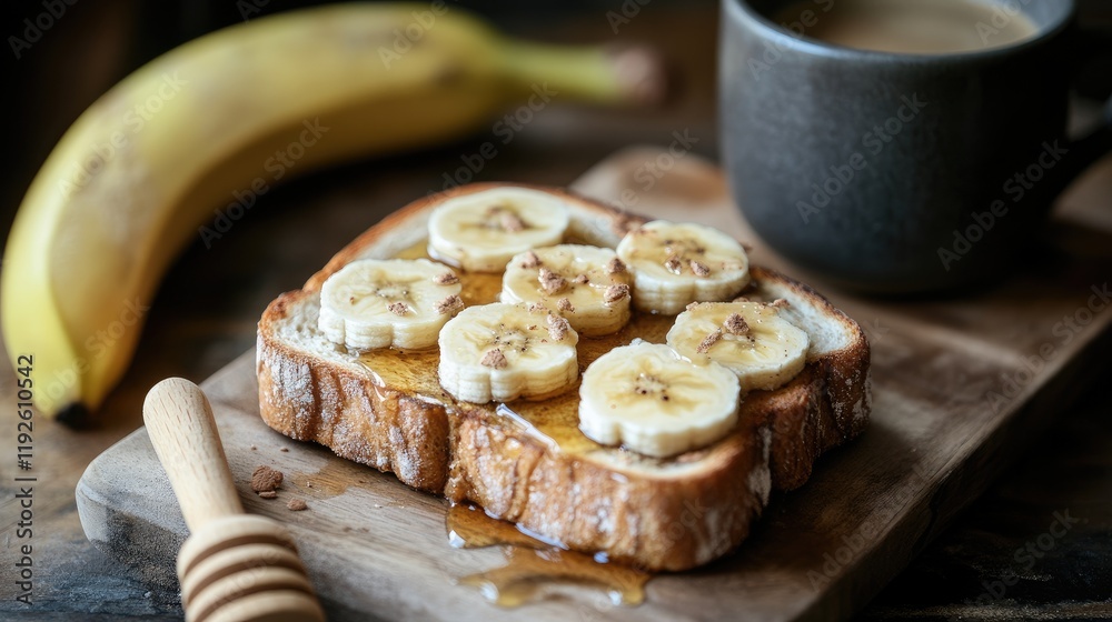 Poster banana honey toast served with a steaming cup of coffee on a rustic wooden table