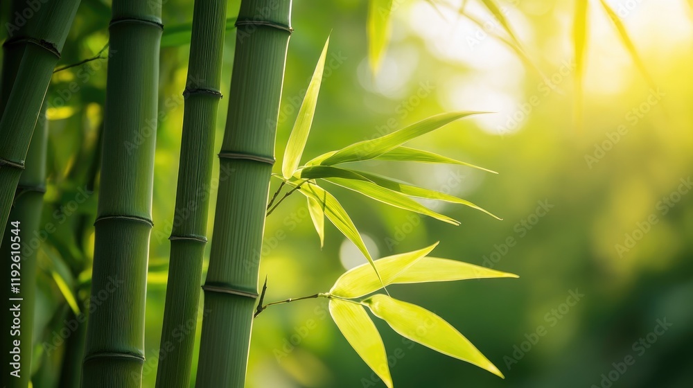 Poster lush bamboo forest with sunlight filtering through green leaves and stalks in a tranquil natural set