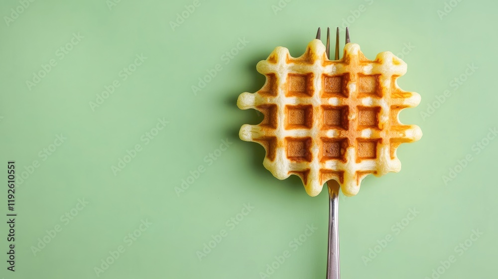 Poster waffle on a fork isolated against a vibrant green background showcasing delicious breakfast options 
