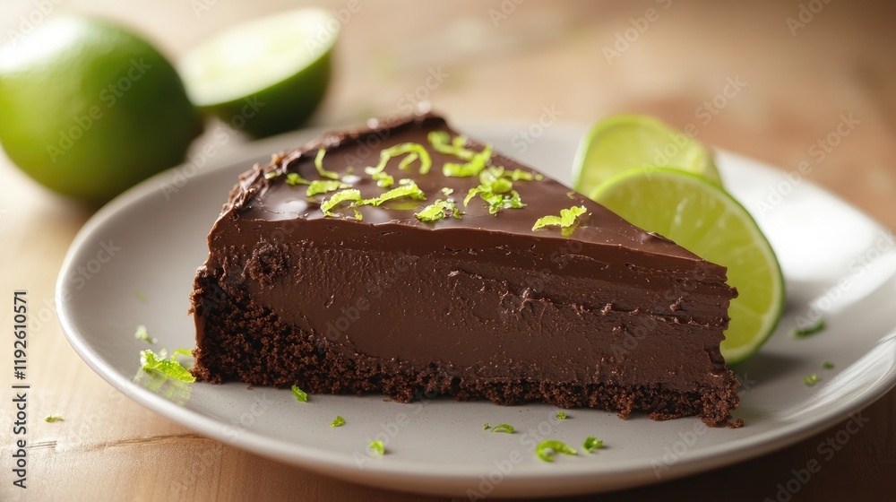 Poster indulgent chocolate cake slice garnished with fresh lime zest and served with lime wedges on a plate