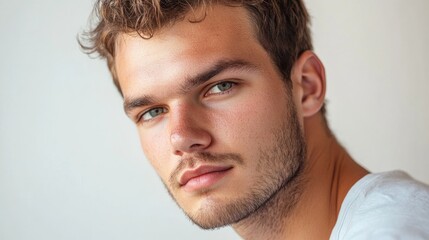 Obraz premium Close up portrait of a young man with tousled hair and piercing eyes gazing confidently at the camera isolated on a light background