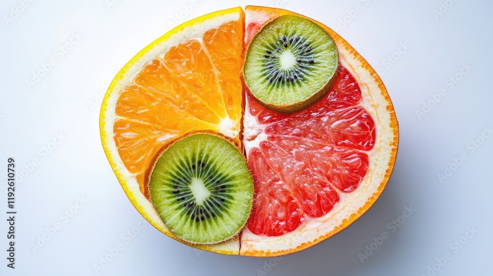 Poster cross section of ripe citrus and kiwi fruit showcasing vibrant colors and textures on a minimalist b
