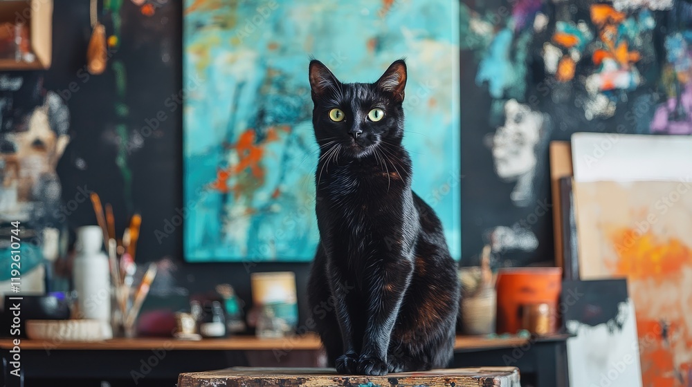Aufkleber Black cat perched on a rustic table in an artist's studio surrounded by vibrant artwork and decor with empty space for text
