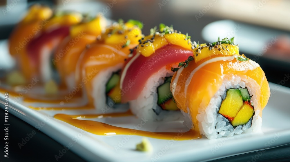 Aufkleber vibrant and artfully arranged sweet mango sushi rolls garnished with fresh ingredients on a modern w