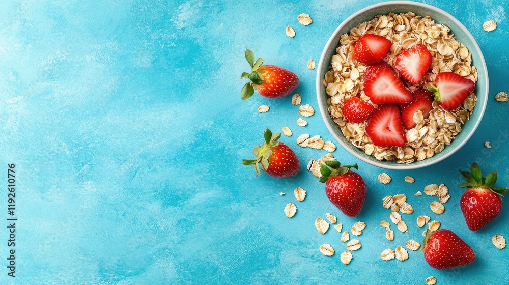 Poster healthy breakfast bowl with oats and fresh strawberries on a vibrant blue background rustic style to