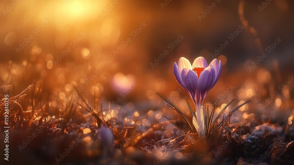 Poster enchanting close-up of a single crocus flower emerging in a meadow at sunset showcasing its vivid co