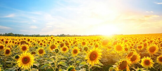 Obraz premium Sunflower Field at Sunset Beautiful Summer Landscape with Blue Sky and Space for Text