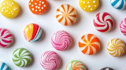 Obraz premium Colorful assorted candies arranged on a white background showcasing a variety of shapes and patterns for festive appeal.