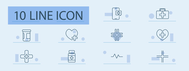 Healthcare essentials set icon. Mobile health, medicine bottle, first aid, heartbeat, cross, health kit, vial, heartbeat monitor, cross design