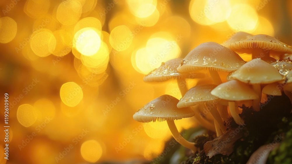 Poster golden bokeh background with close-up of mushrooms showcasing delicate details and vibrant colors in