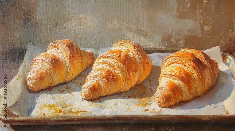 Poster freshly baked croissants resting on a baking tray ready to be served for breakfast or brunch in a co