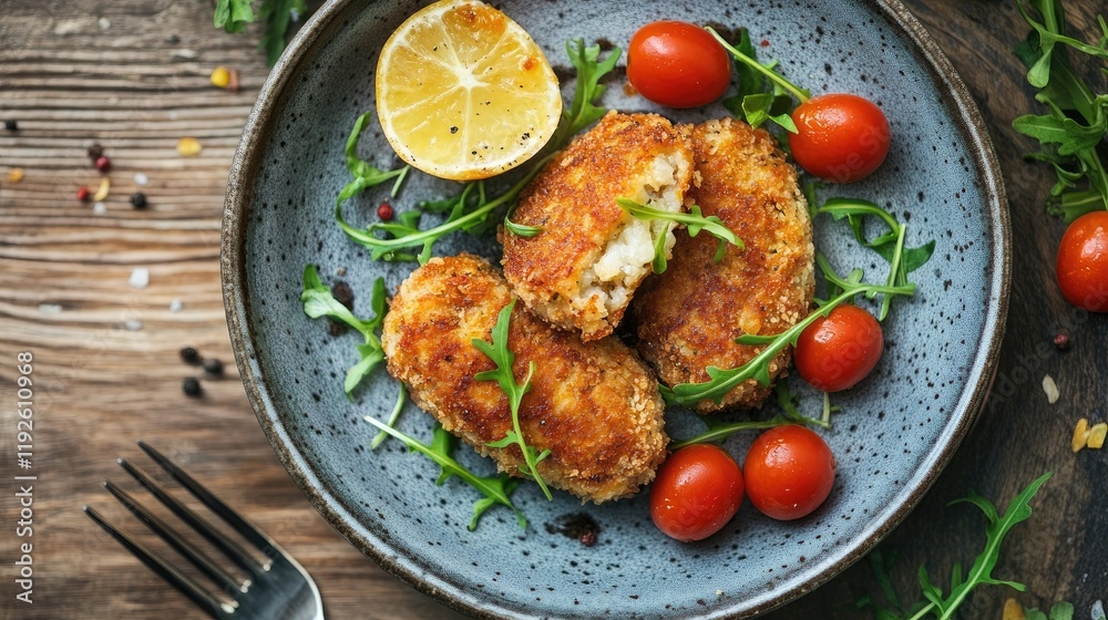 Poster delicious croquettes served with cherry tomatoes and fresh arugula on a rustic plate with a slice of