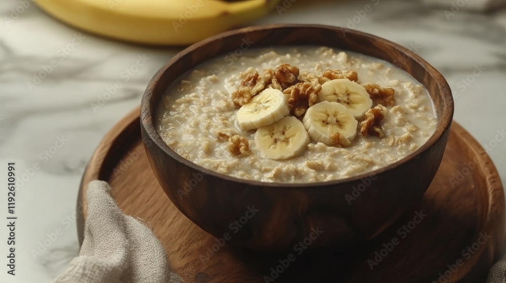 Poster bowl of oatmeal topped with banana slices and walnuts on a rustic wooden plate with a napkin and fre