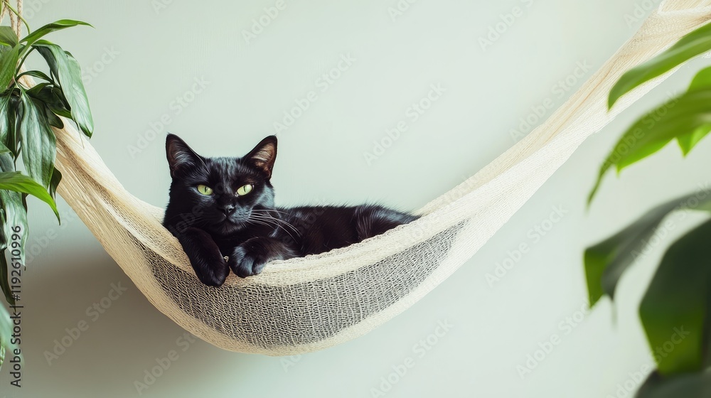 Aufkleber Black cat lounging in a hammock surrounded by green plants with soft lighting and ample blank space for text placement