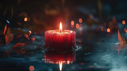 Serene red candle glowing on a reflective surface surrounded by water and autumn leaves creating a tranquil and atmospheric ambiance