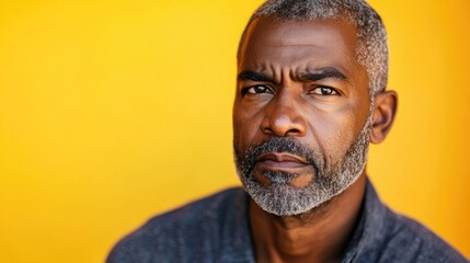 Serious middle aged African American man with gray hair and beard posing against a vibrant yellow background in studio setting.