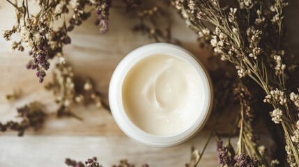 Fototapeta premium Elegant flat lay of a white cream jar surrounded by dried flowers on a wooden surface for skincare or beauty branding.