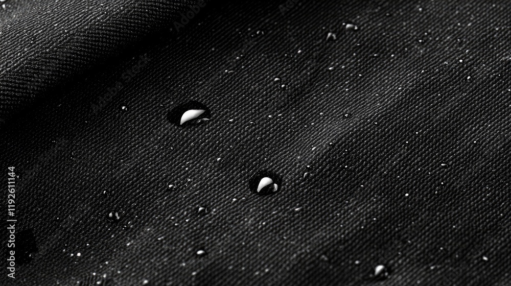 Poster Black canvas fabric texture with water droplets macro detail highlighting surface and moisture interaction in a sleek aesthetic.